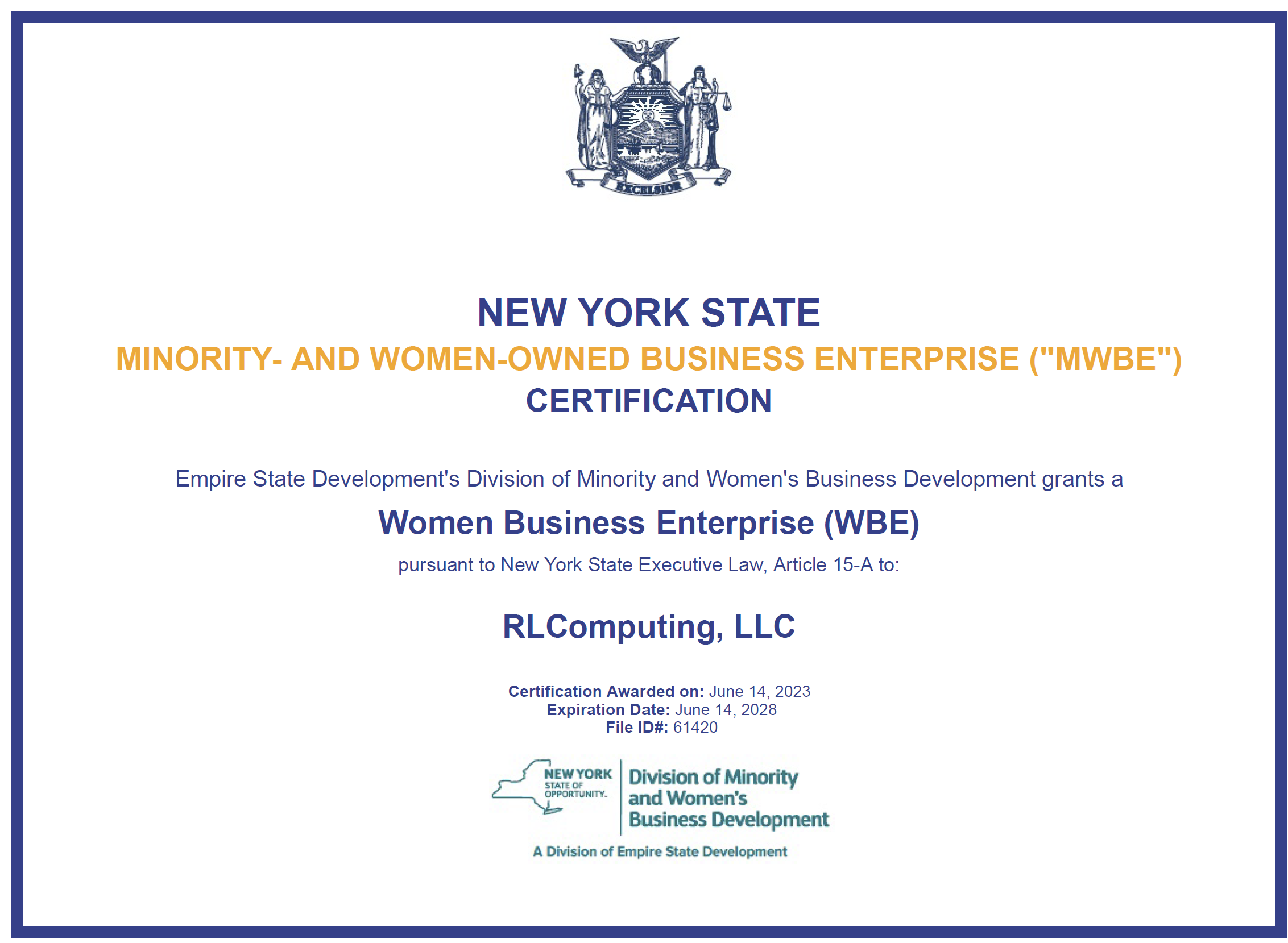 WBE Certification - RLComputing